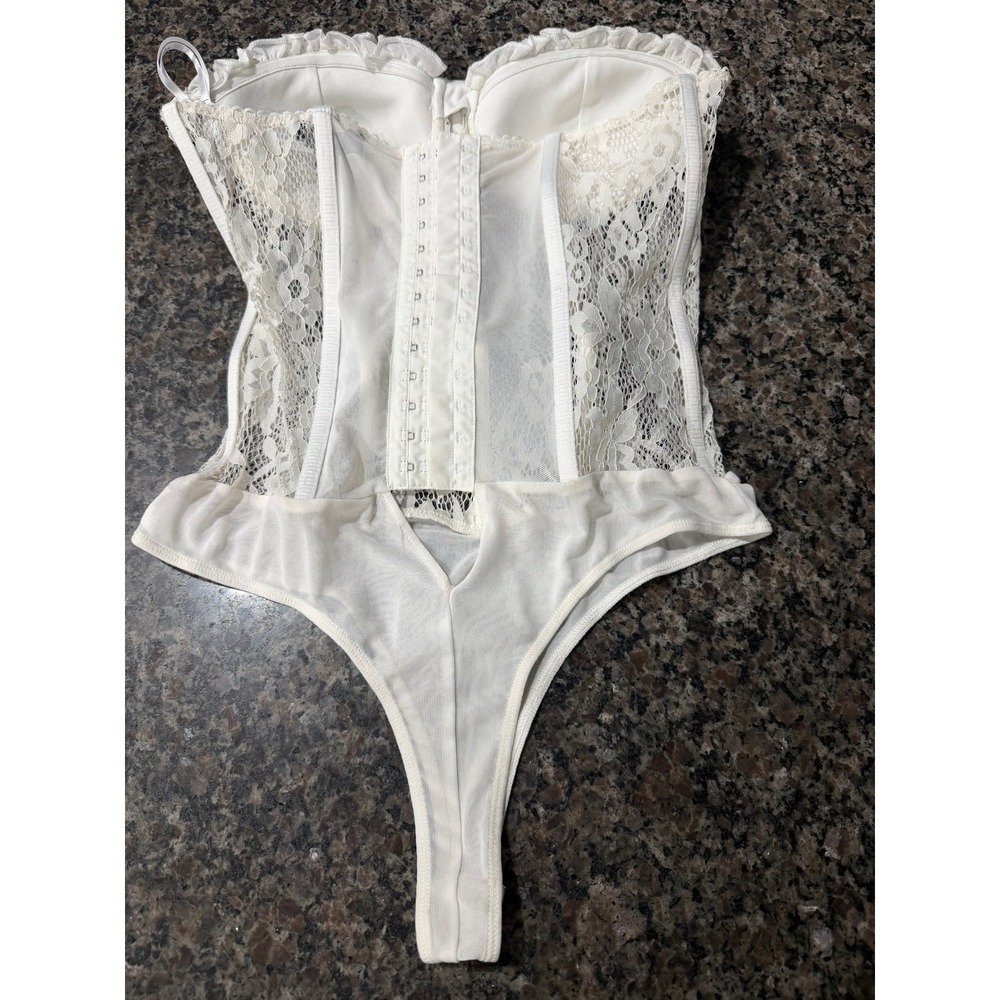Lulus White Lace Corset Bodice Thong Bodysuit Womens Large Underwire Hook Eye